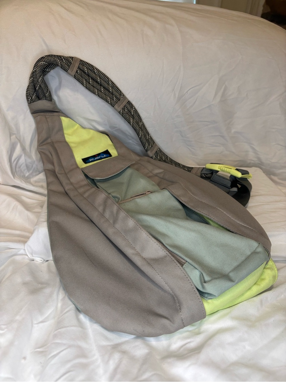 Kavu Crossbody Sling Bag in Taupe with Lime Accent